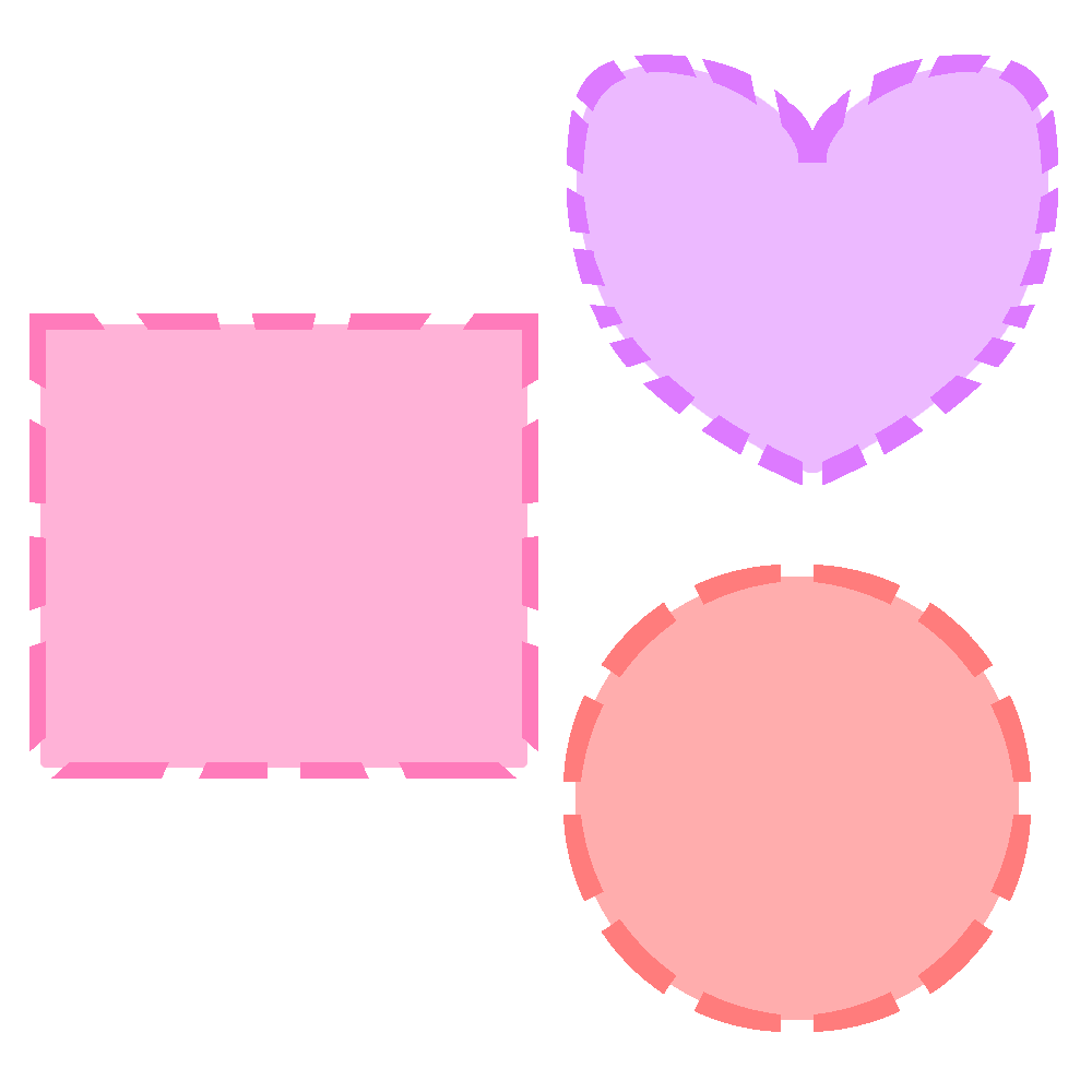 Shapes with dotted outlines. They are a pink rectangle, and purple heart, and an orange circle.